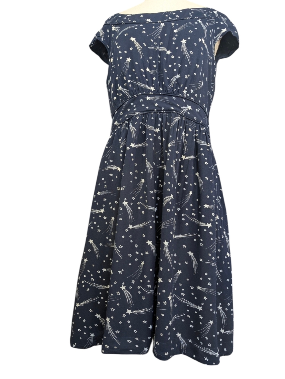 Emily and Fin Shooting Stars Midnight Blue Midi Zip Up Dress W Cap Sleeves. XL